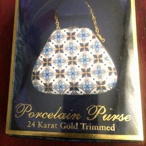 New in Box - PORCELAIN TRINKET PURSE BOX by MY TREASURE - 24K Gold trim